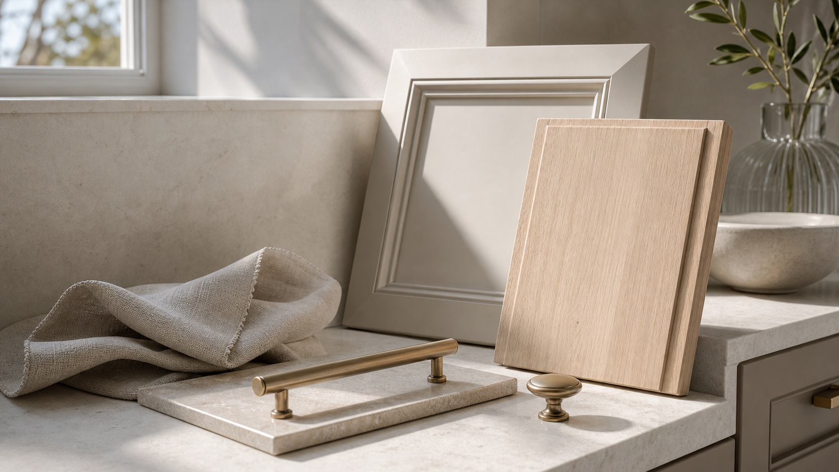 Sunlit cabinetry material palette with pale oak, stone, and satin hardware
