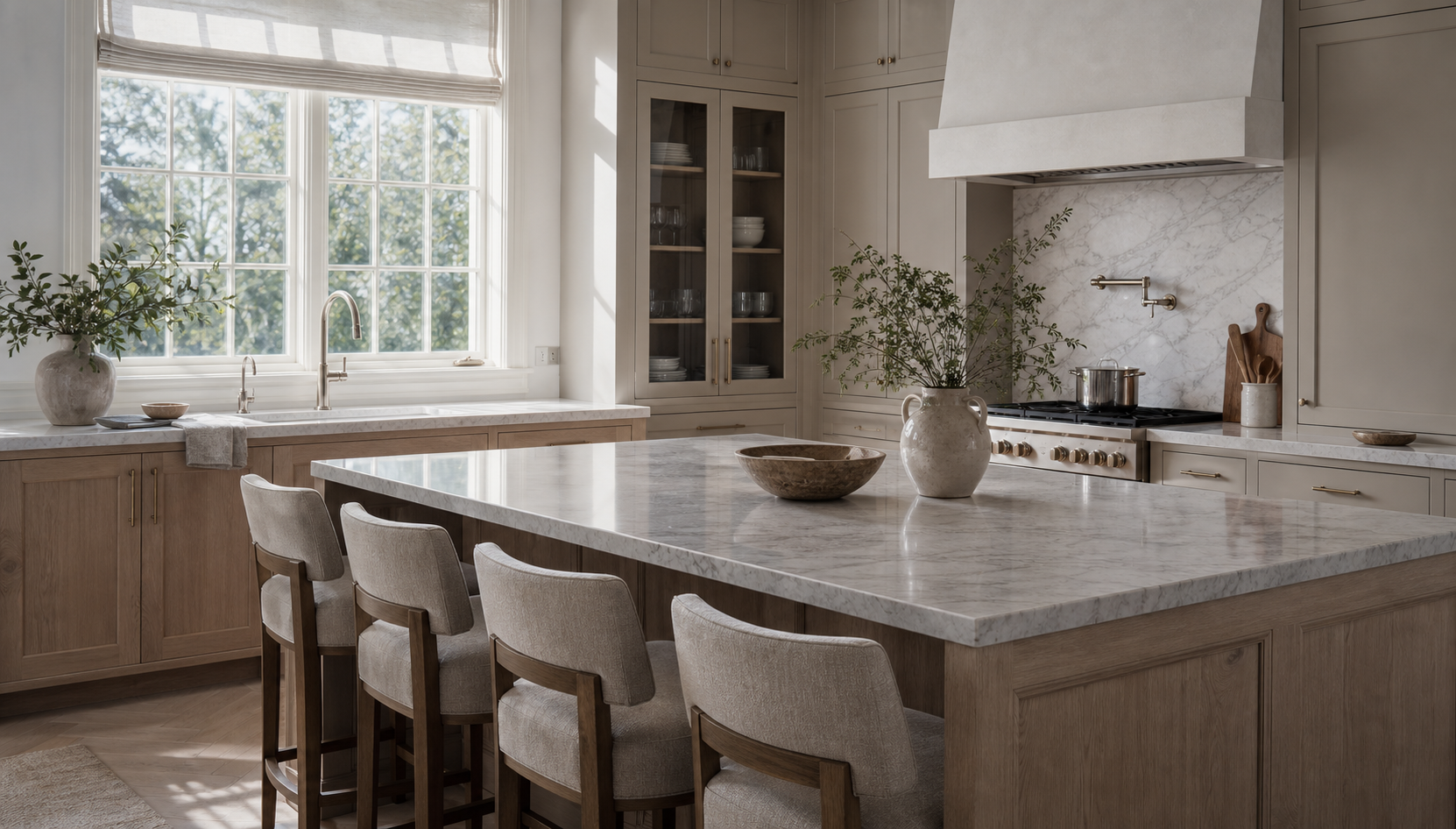 Daylit residential kitchen with custom cabinetry and stone island