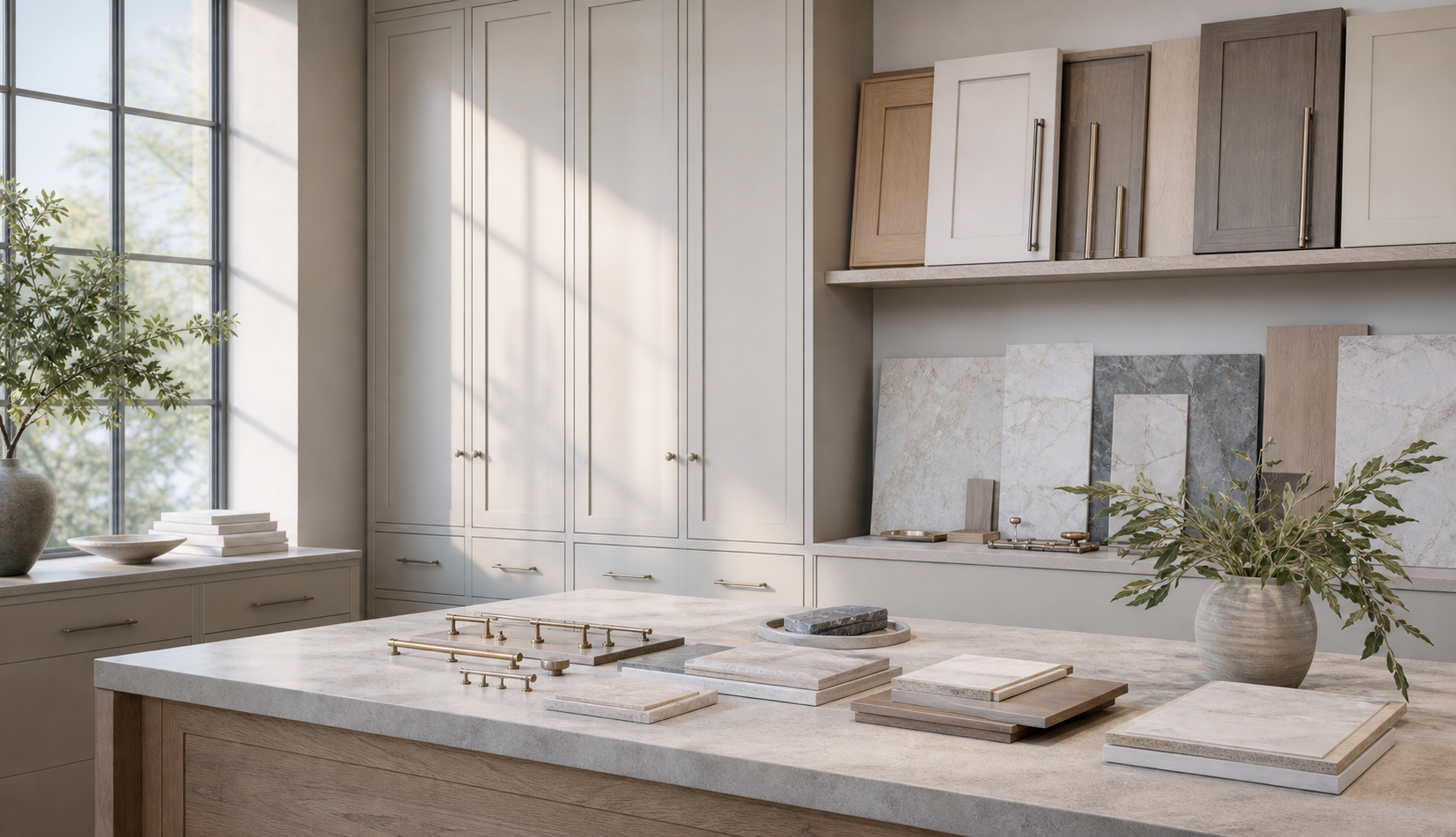 Sunlit cabinetry design studio with finish samples and cabinet doors