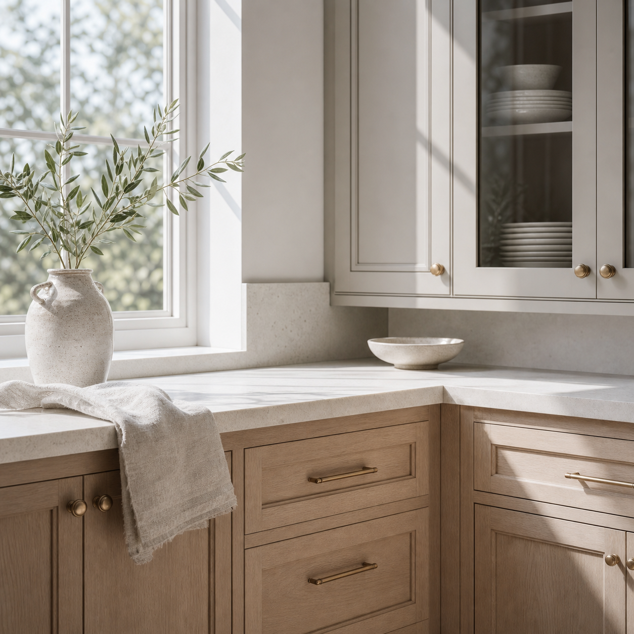 Sunlit custom cabinetry by a kitchen window