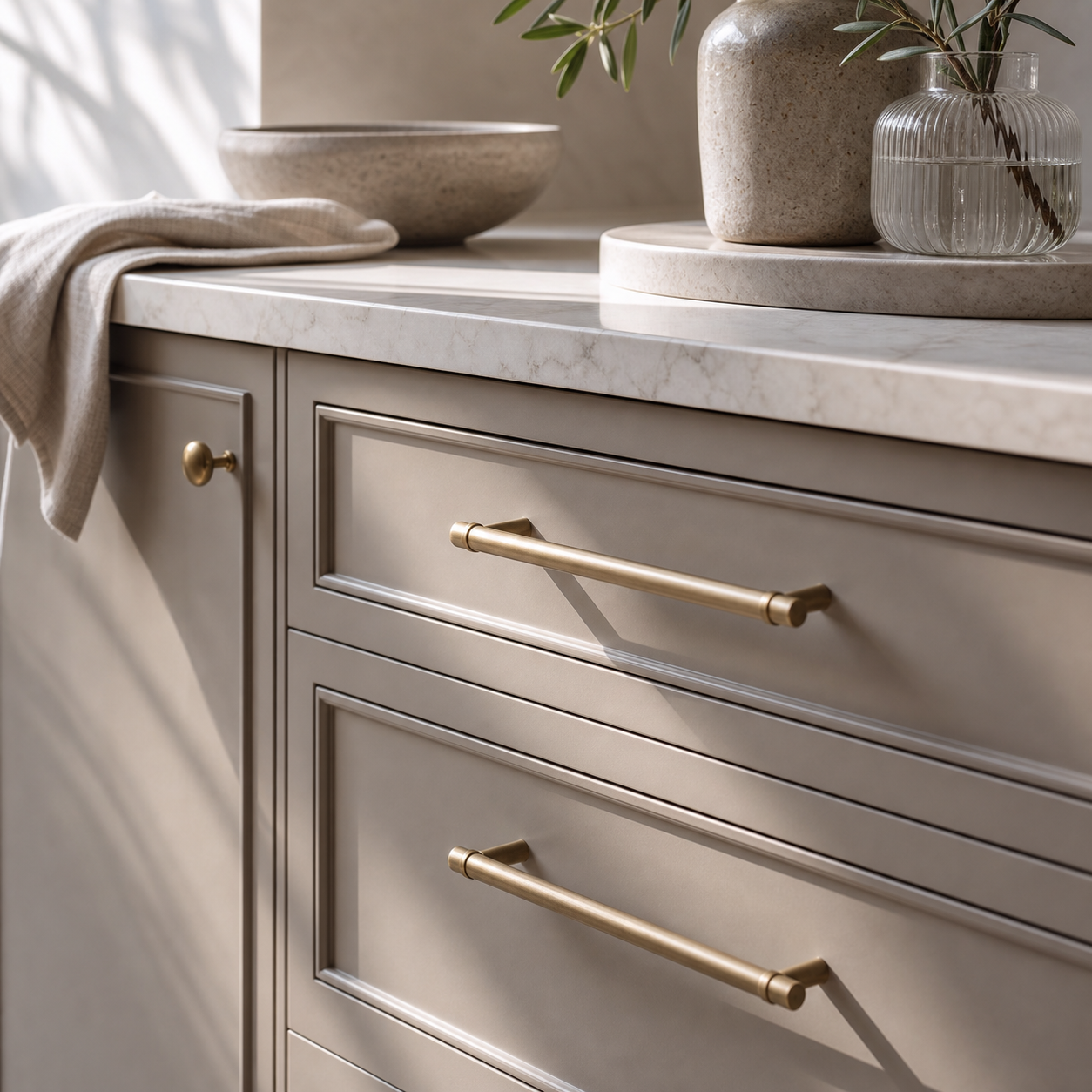 Close-up of greige cabinet drawers with satin brass pulls