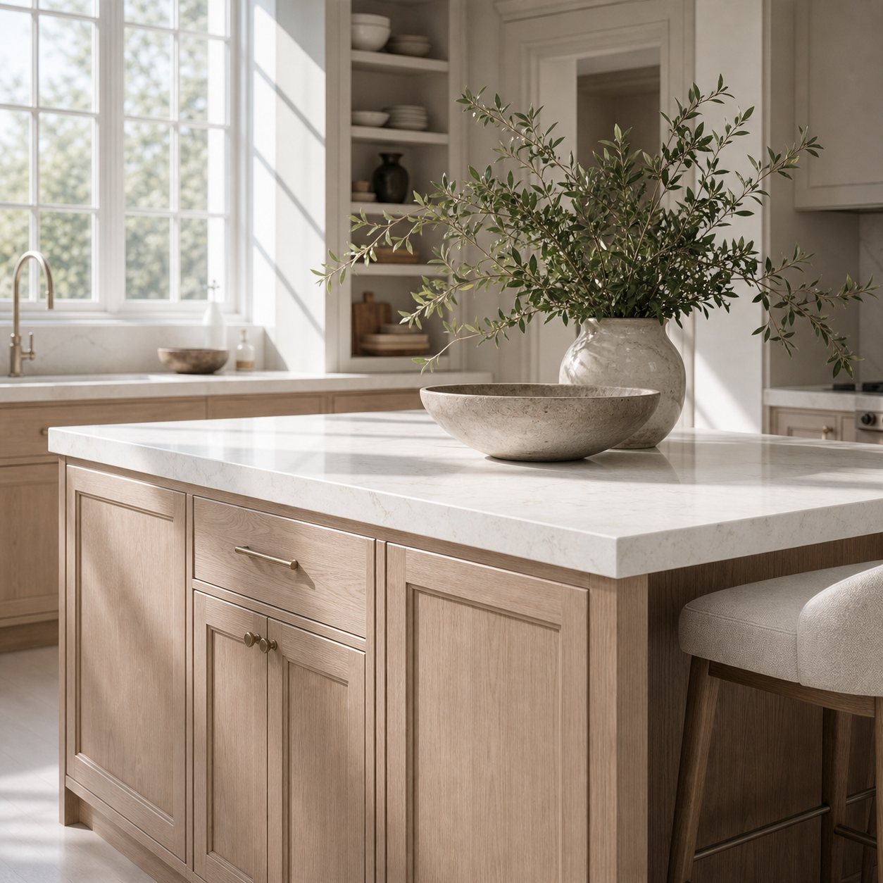 Daylight kitchen island with pale oak cabinetry