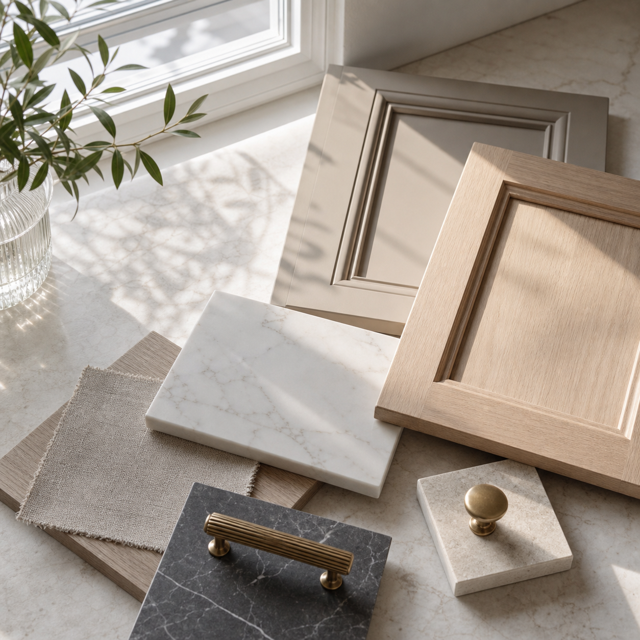 Sunlit cabinet finish and stone sample palette