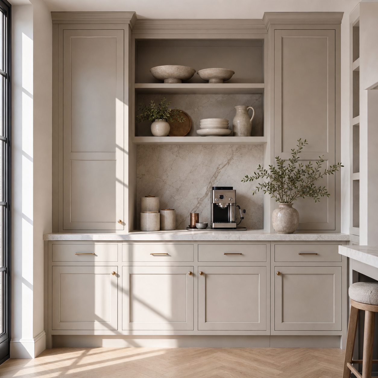 Built-in coffee bar cabinetry in natural daylight