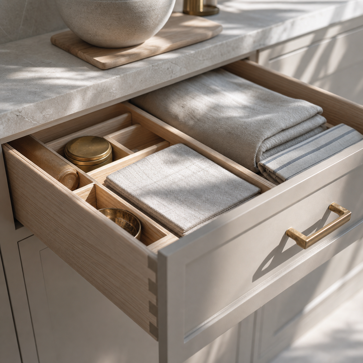 Open custom cabinet drawer with linen and wood dividers